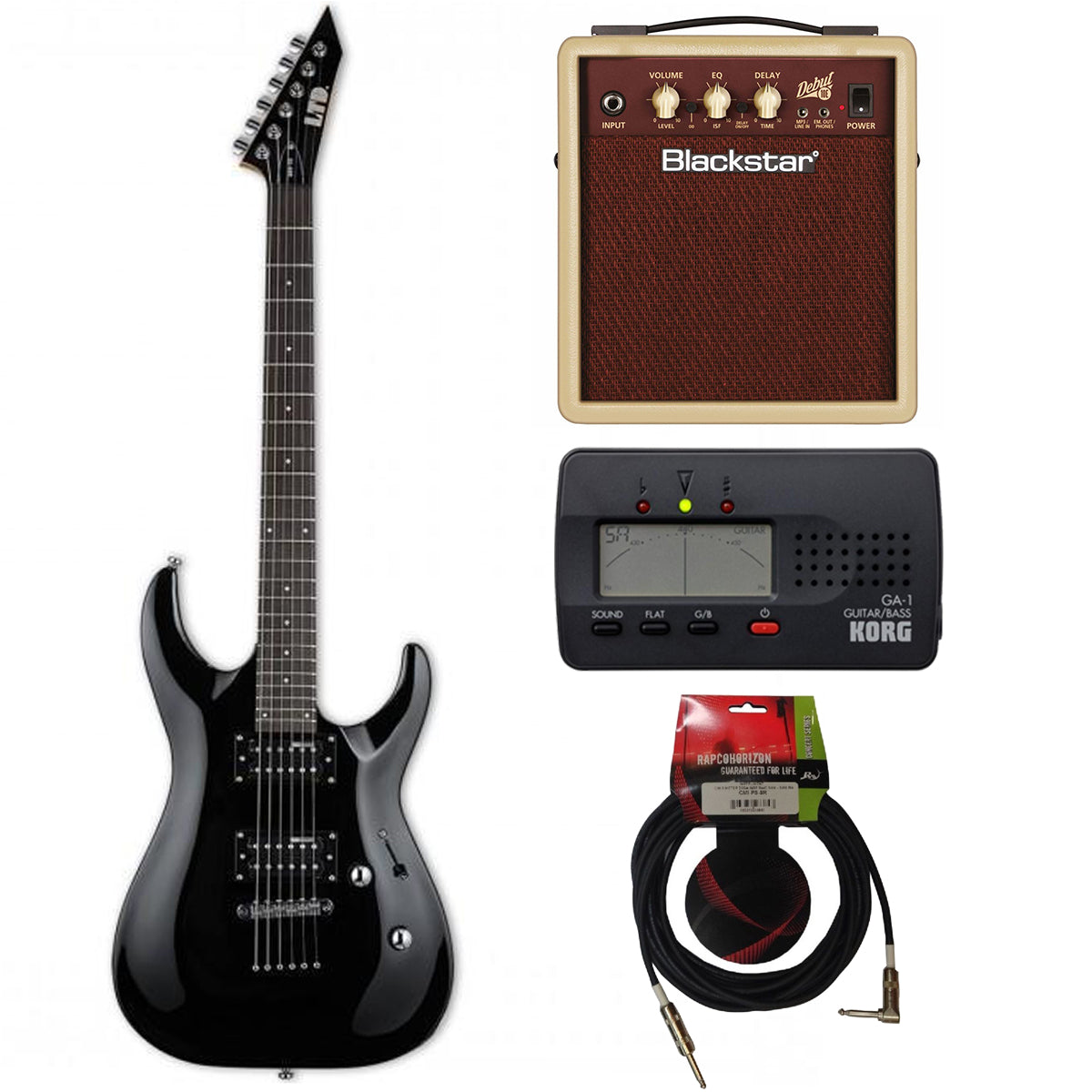 ESP LTD MH-10 Black Electric Guitar w/ Blackstar Debut 10 Amp + Gig Bag + Tuner + PS-7R Lead