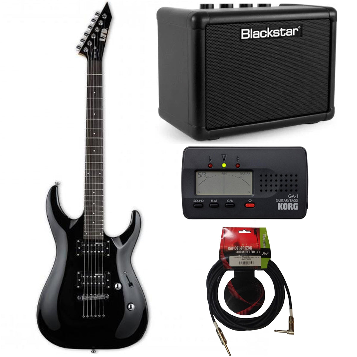 ESP LTD MH-10 Black Electric Guitar Pack w/ Blackstar FLY-3 Amp + Gig Bag + Tuner + USA-3 Lead