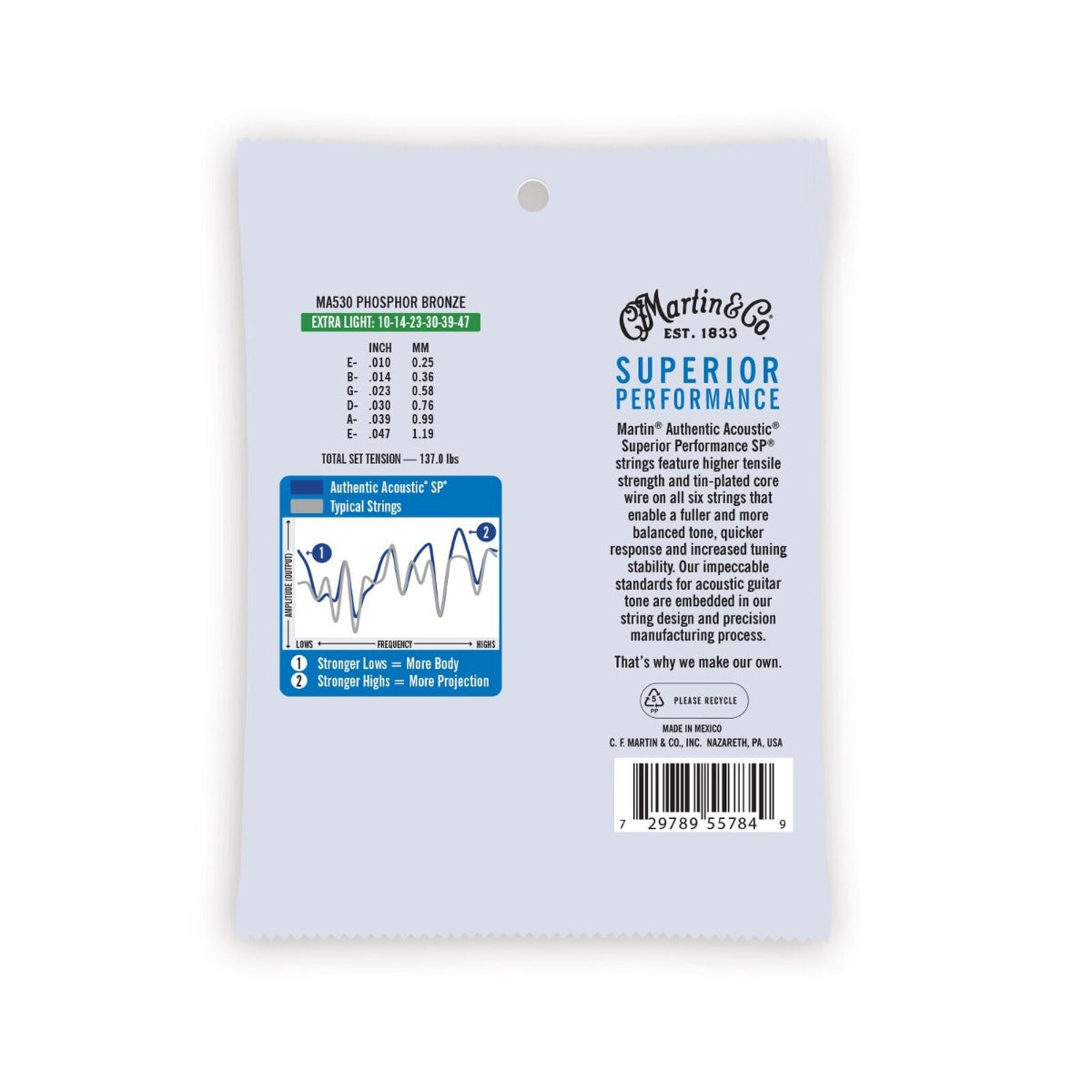 Martin MA530 Authentic Acoustic SP Guitar Strings Phosphor Bronze Extra Light 10-47