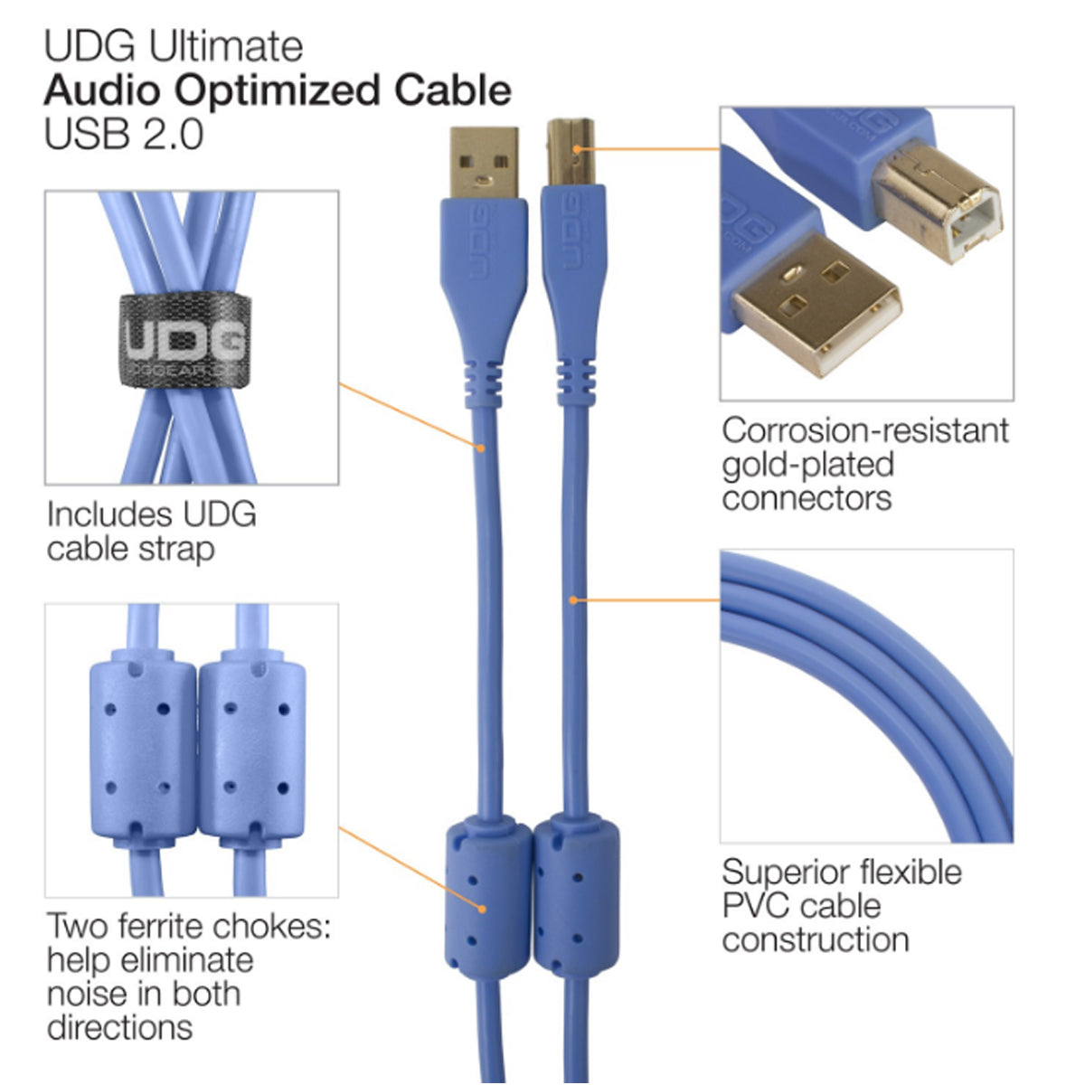UDG Ultimate U95002 USB2 Cable A-B Blue Straight 2m