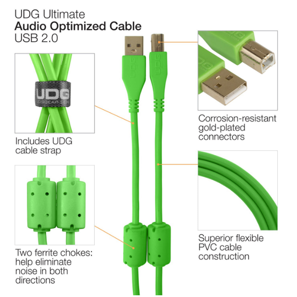 UDG Ultimate U95005 USB2 Cable A-B Green Angled 2m