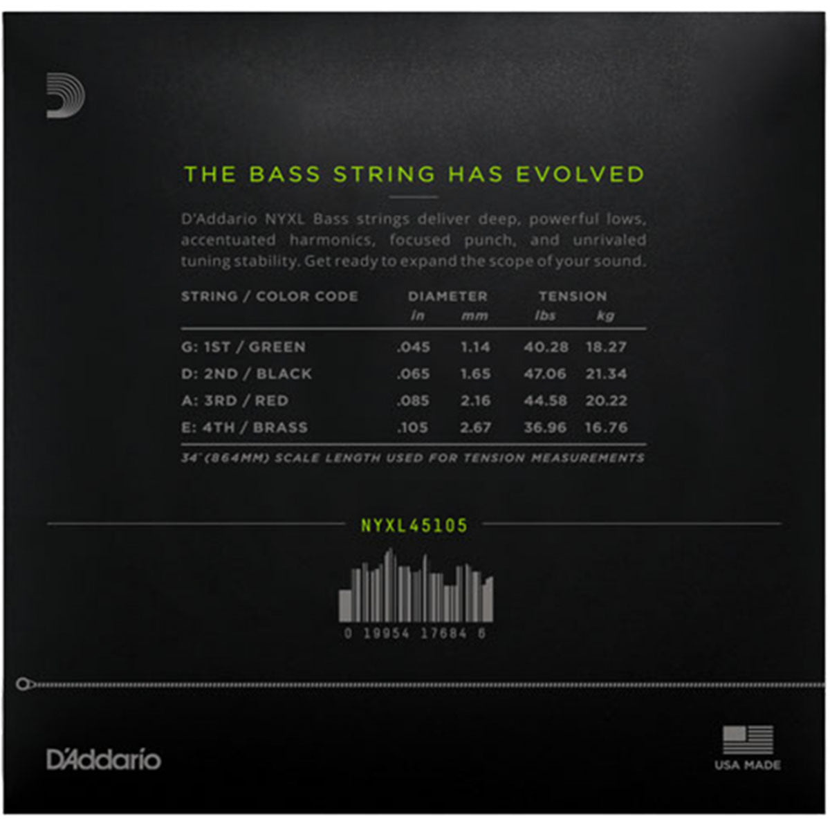 D'Addario NYXL45105 Bass Guitar Strings Nickel Wound Long Scale 45-105 Light Top/Med Bottom