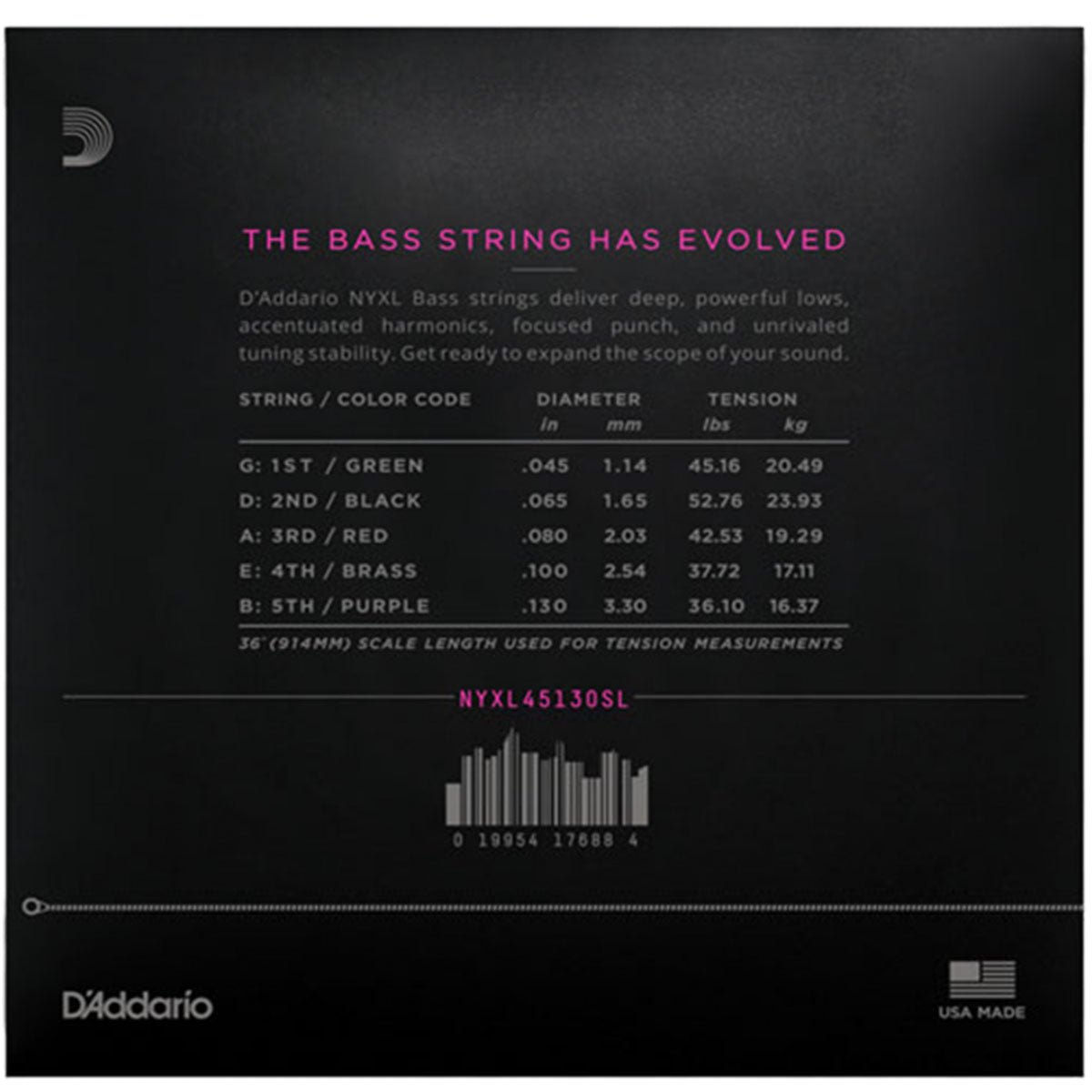 D'Addario NYXL45130SL Bass Guitar Strings 5-Str Nickel Wound Super Long Scale 45-130 Reulgar Light