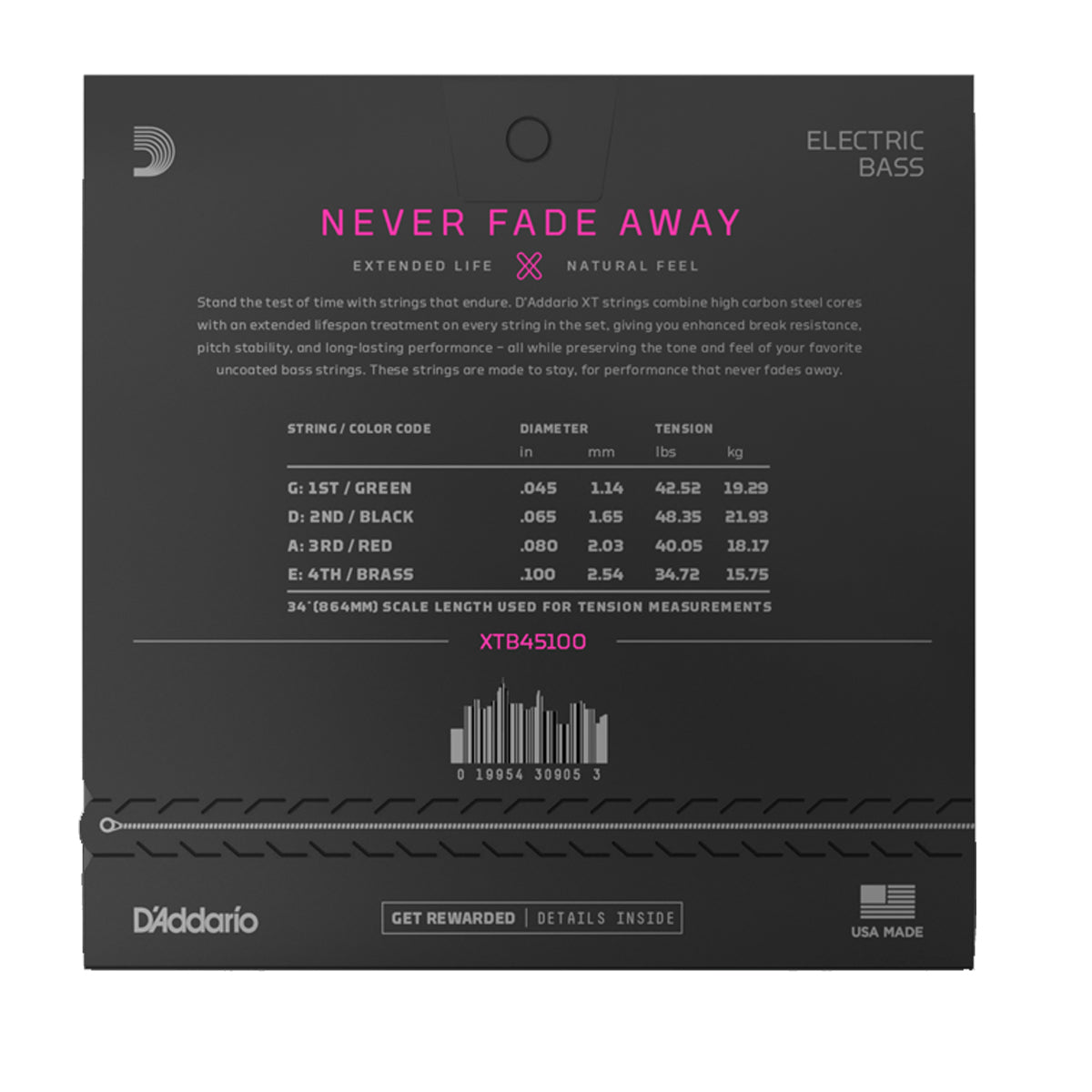 D'Addario XTB45100 Bass Guitar Strings XT 45-100 Long Scale Regular Light