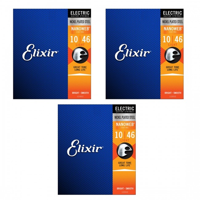 3 x Elixir 12052 Electric Guitar Strings Nanoweb Light 10-46 E-NW-L