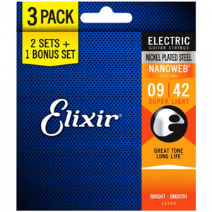 3 Pack of Elixir 16540 Electric Guitar Strings Nanoweb Super Light 9-42