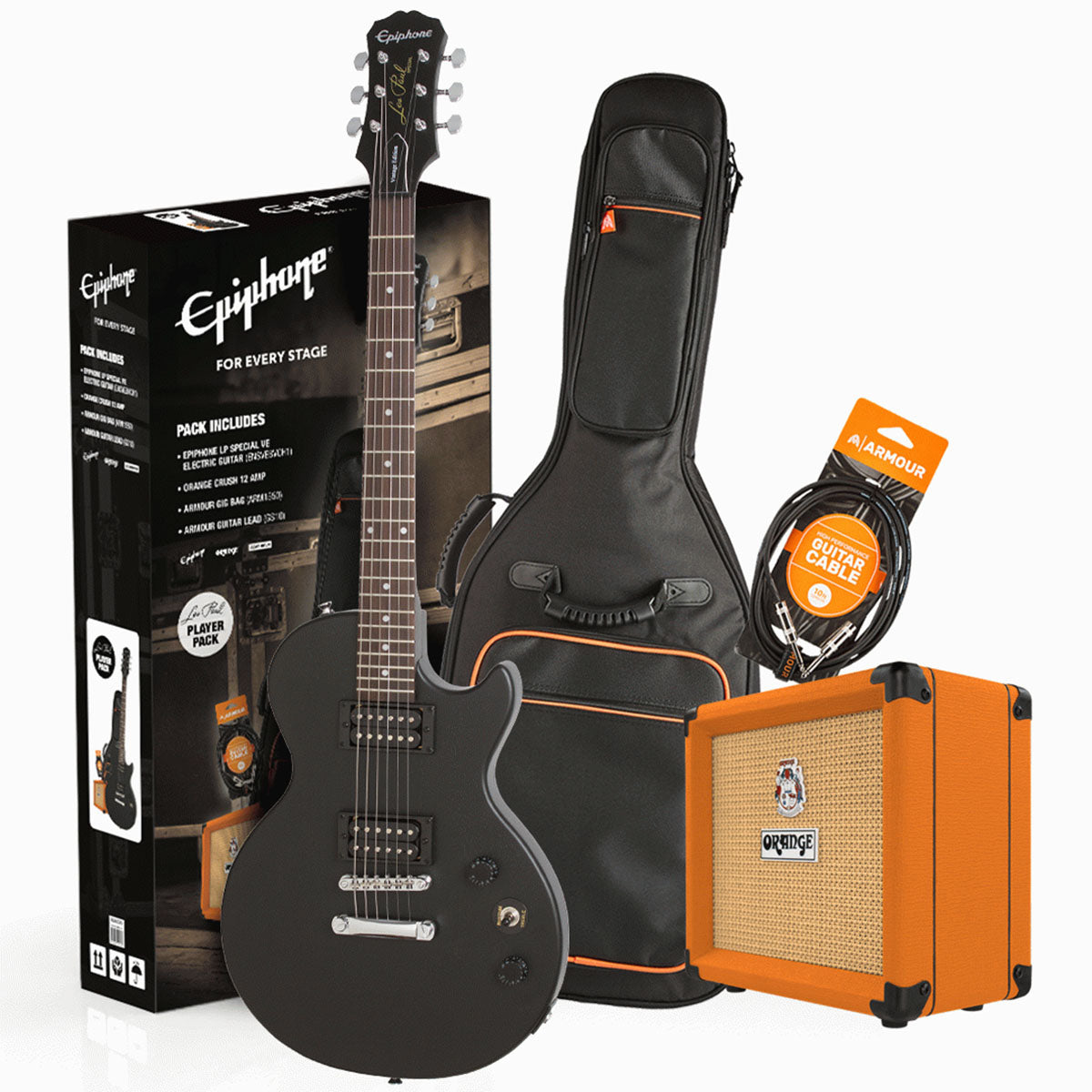 Epiphone Les Paul LP Special E1 Electric Guitar Pack Ebony w/ Orange Crush 12 Amp &amp; Bag &amp; Lead