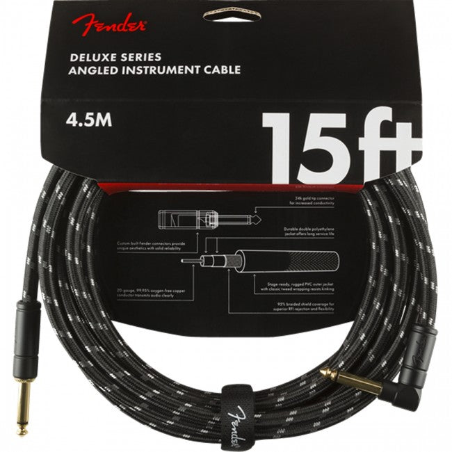 Fender Deluxe Ins Cable 15ft Straight/Angle Black Tweed