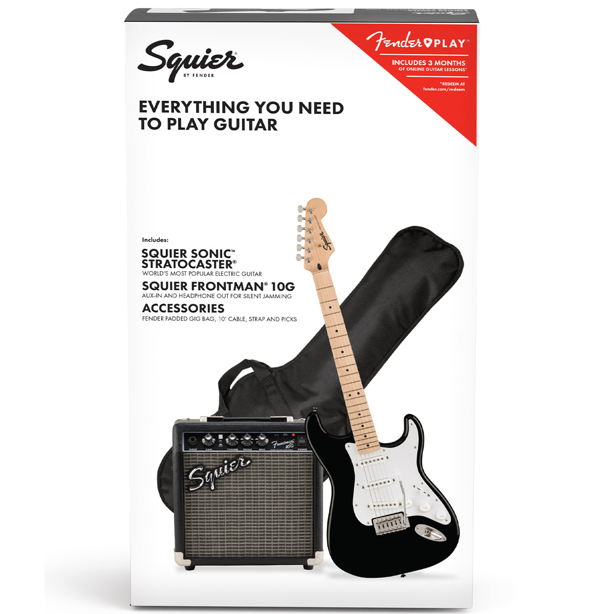 Fender Squier Sonic Stratocaster Electric Guitar Pack Black w/ Frontman 10G - 0371720306