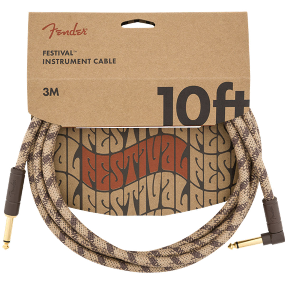 Fender Festival Guitar Cable 3m (10ft) Angled Instrument Lead Pure Hemp Brown Stripe - 0990910022