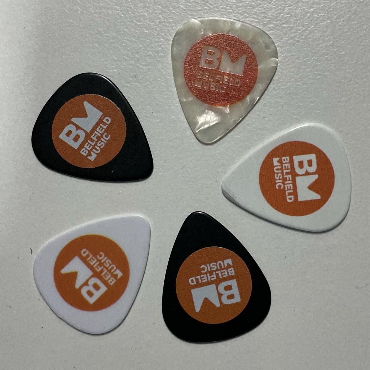 5 x Guitar Picks Medium w/ Belfield Music BM Logo (Assorted Colours)