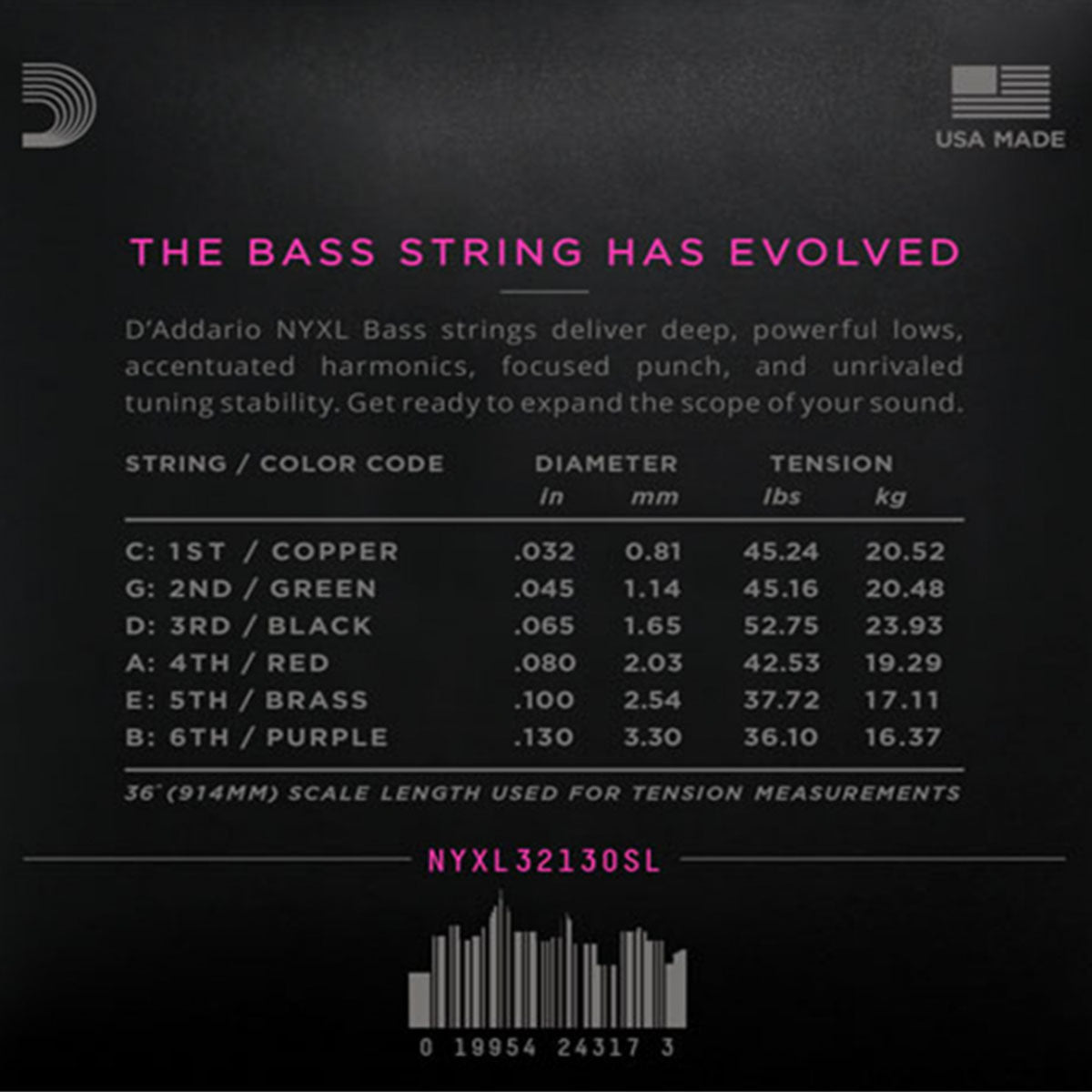 D'Addario NYXL32130SL Bass Guitar Strings 6-Str Nickel Wound Super Long Scale 32-130 Regular Light