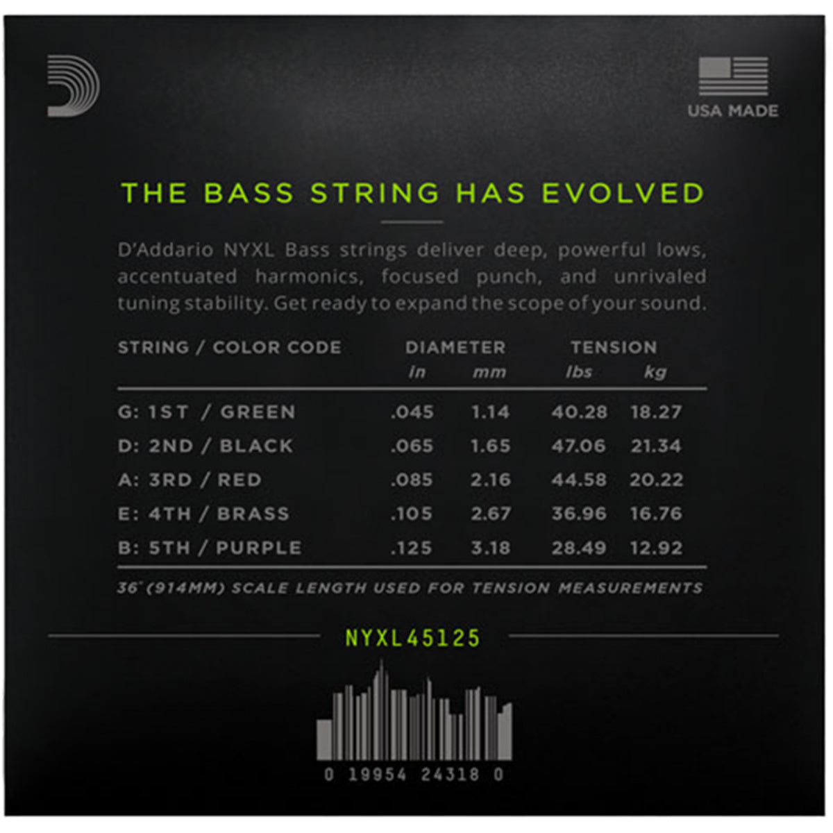 D'Addario NYXL45125 Bass Guitar Strings 5-Str Nickel Wound Long Scale 45-125 Light Top/Med Bottom