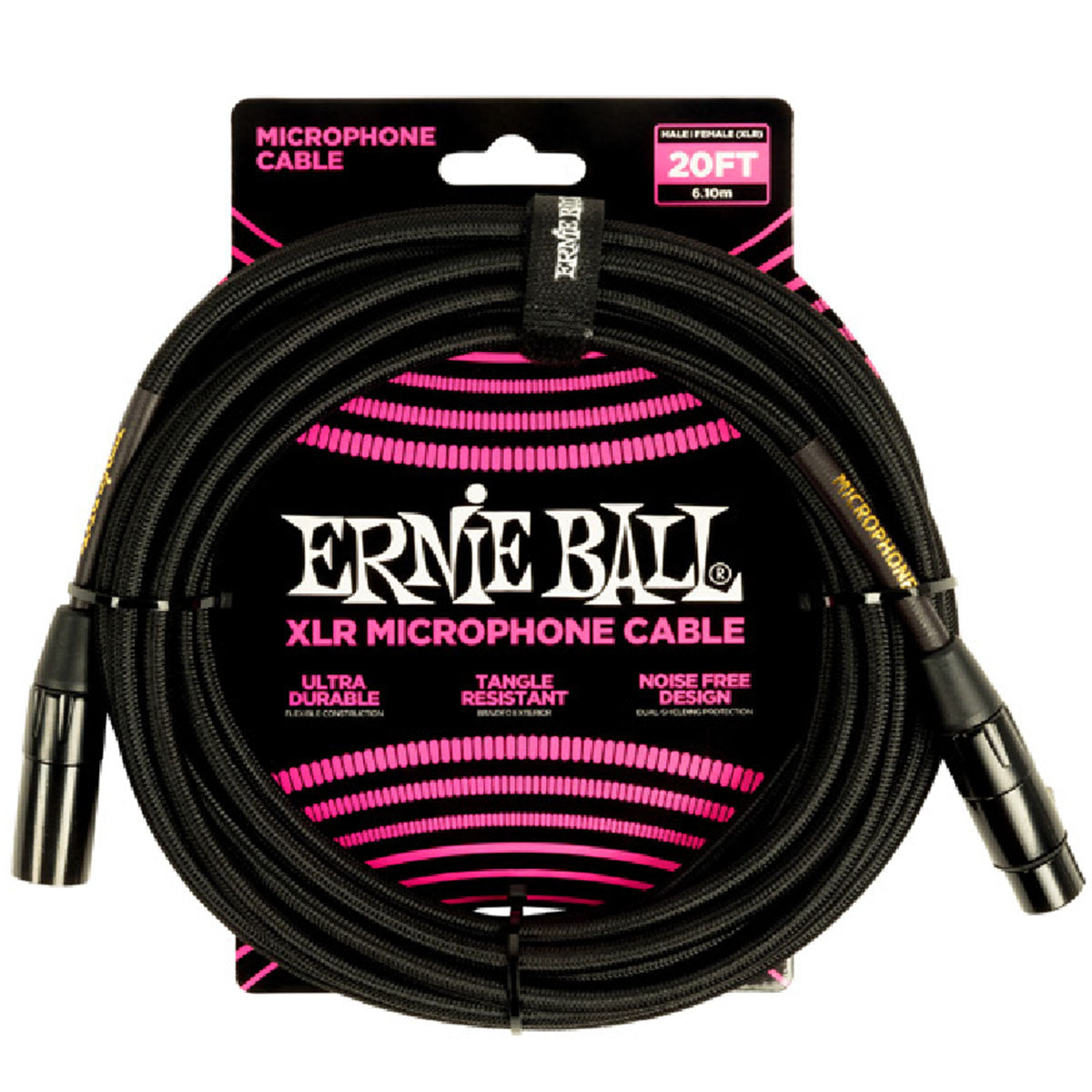 Ernie Ball 6392 Microphone Cable 20ft Black Braided XLR Mic Lead